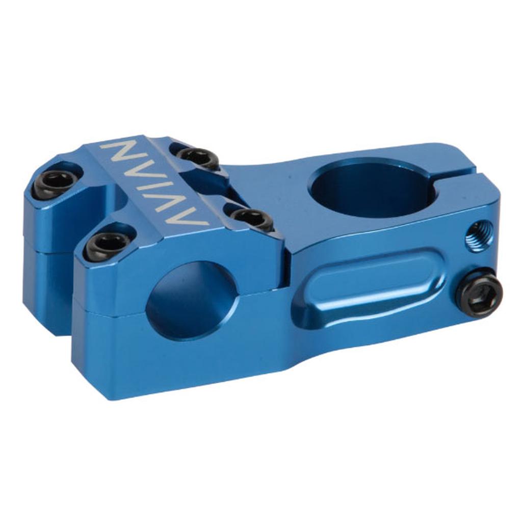 The Avian Scorcher Top Load 1-1/8in Stem is blue anodized aluminum with a lightweight design, featuring a four-bolt front plate and elegantly engraved branding.