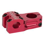 Introducing the Avian Scorcher Top Load 1-1/8in Stem: a lightweight, red metal BMX stem with a sleek two-piece design, confidently branded with "AVIAN" on top.