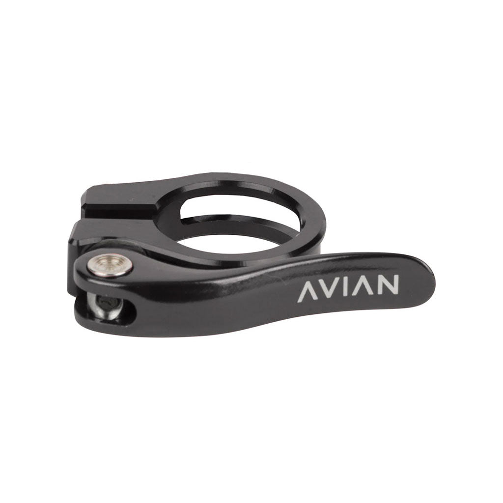 The Avian Aviara Quick Release Seat Clamp, made from durable 6061 aluminum, includes a handy side lever. It is precisely CNC machined and available in sizes 25.4mm and 31.8mm for an ideal fit on your bike.