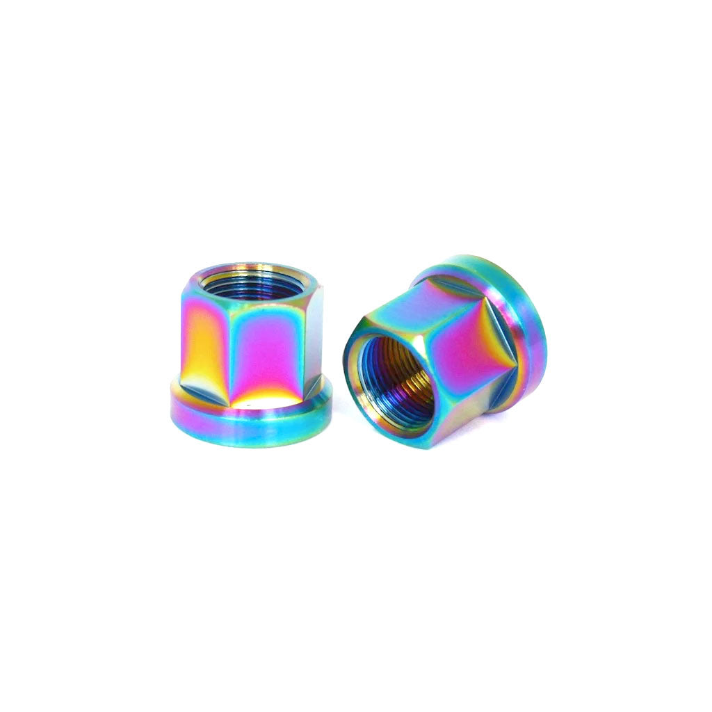 Displayed against a white background, two Steel 14mm Axle Nuts feature an iridescent oil slick metallic finish, highlighting their unique allure.