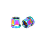 Displayed against a white background, two Steel 14mm Axle Nuts feature an iridescent oil slick metallic finish, highlighting their unique allure.