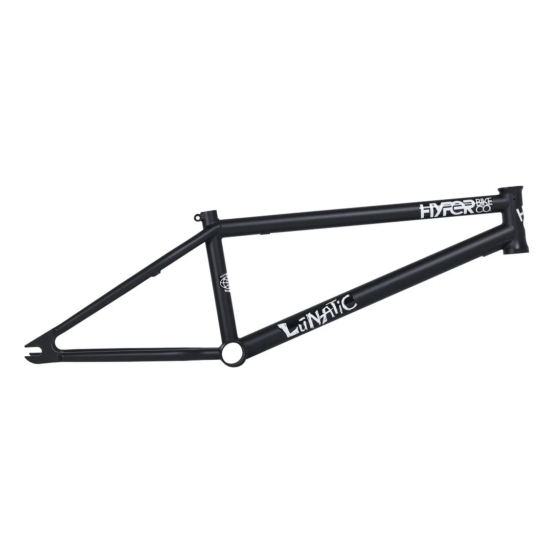 The Hyper Lunatic Frame is a black BMX bike frame made from durable 4130 supertherm chromoly tubing, adorned with sleek white "Hyper" and "Lunatic" logos for a distinctive look.