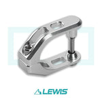 This Lewis LV Upgraded CNC Lever Clamp is a metal mechanical component crafted with precision through CNC machining, featuring a silver finish. It includes a pivoting arm and mounting holes, with the brand "LEWIS" elegantly etched at the bottom.