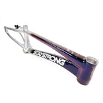 Staystrong V5 Disc Pro L Frame with "STAY STRONG" branding, featuring a combination of silver and dark metallic purple coloring made from 6061 alloy tubing.