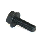 A black hex bolt resembling a Proper 3/8 Female Axle Bolt rests on a white surface, highlighting its threaded shaft.