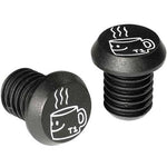 The Terrible One Coffee Cup Bar Ends feature a design of a white steaming coffee cup on two black screw caps that resemble bar ends.