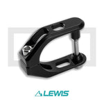 The Lewis LV Upgraded CNC Lever Clamp, featuring a black metal shackle crafted from 7075T6 Aluminum with a pin and screw and showcasing cut-out sections, is elegantly displayed on a white background. "Lewis" is written in teal text below, highlighting its precision design achieved through advanced 5 Axis CNC machining techniques.