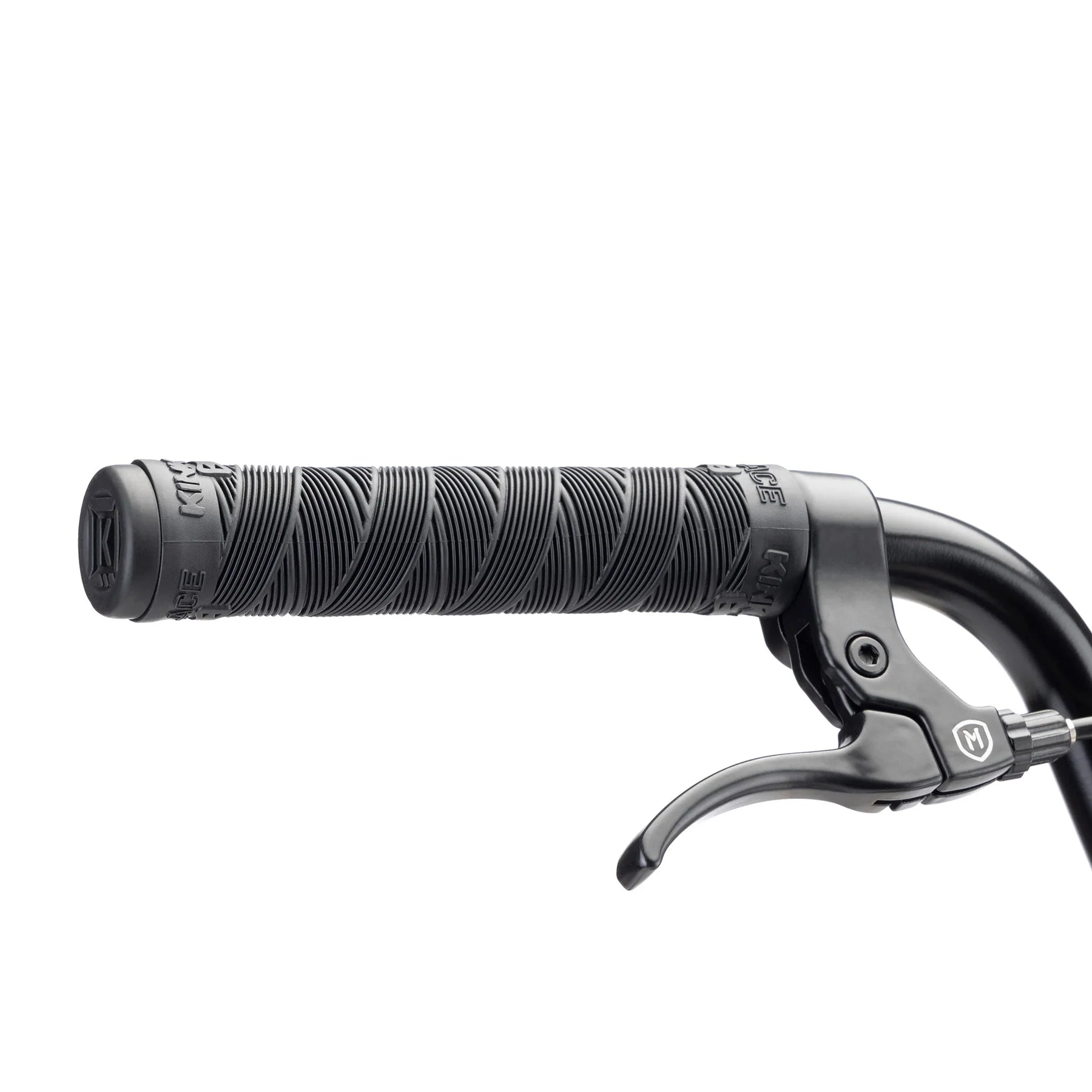 Close-up of the handlebar on a Kink Gap XL 20 Inch Bike, showcasing its textured grip and metal brake lever. Set against a white background, this component highlights the strength of 4130 Chromoly, ensuring durability and performance.