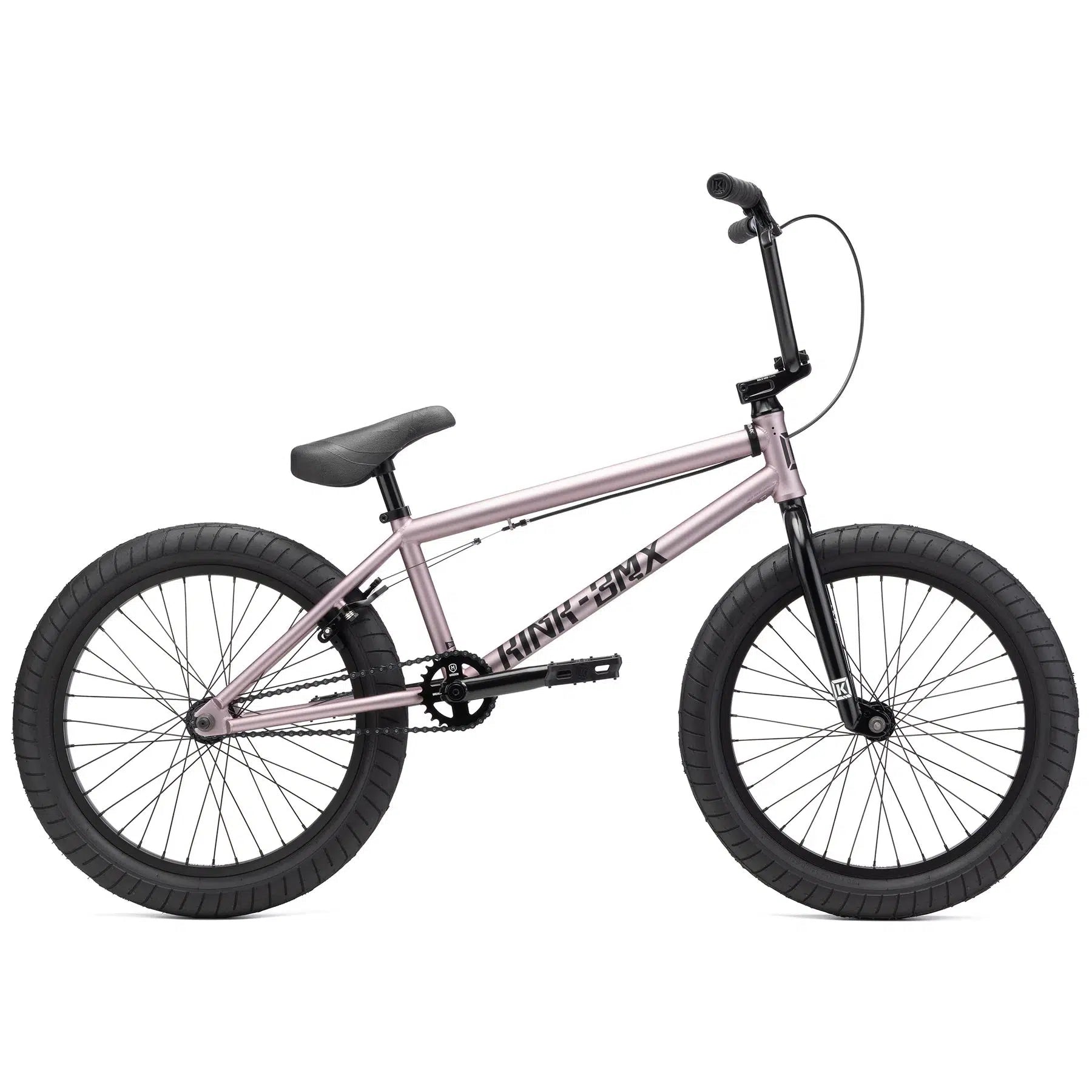 The Kink Launch 20 Inch Bike is a pink BMX bicycle equipped with components from Kink BMX, featuring thick black tires, a sleek black seat, and matching handlebars.