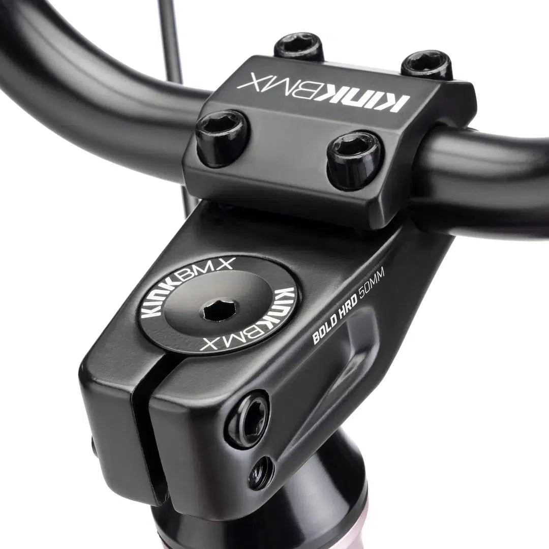 Close-up of a black handlebar stem from the 2023 Kink Launch 20 Inch Bike, showcasing Kink BMX branding and four bolts that securely fasten the handlebars.