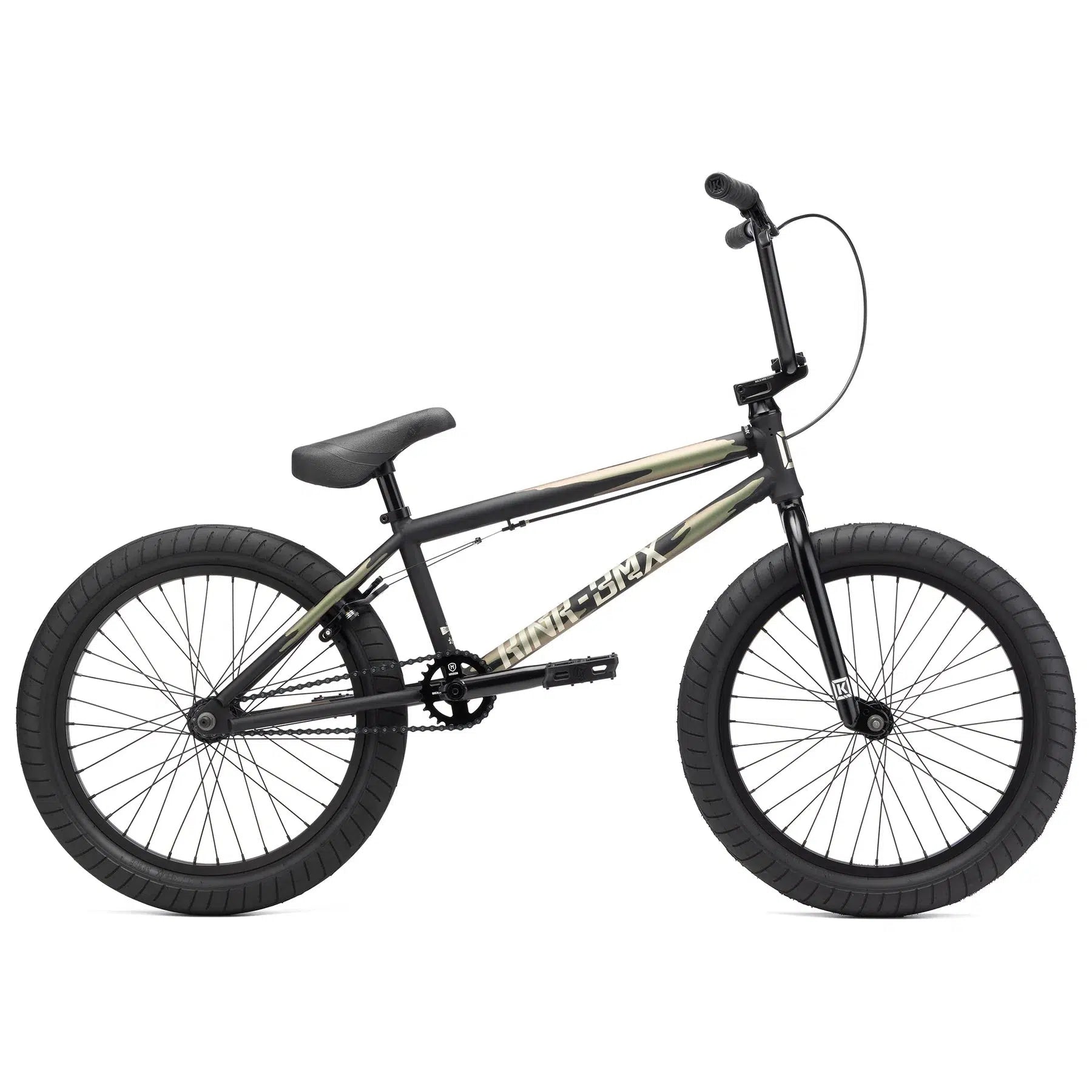 The Kink Launch 20 Inch Bike, featuring a sleek black design with thick tires, straight handlebars, and a sturdy frame, stands out against a white background.