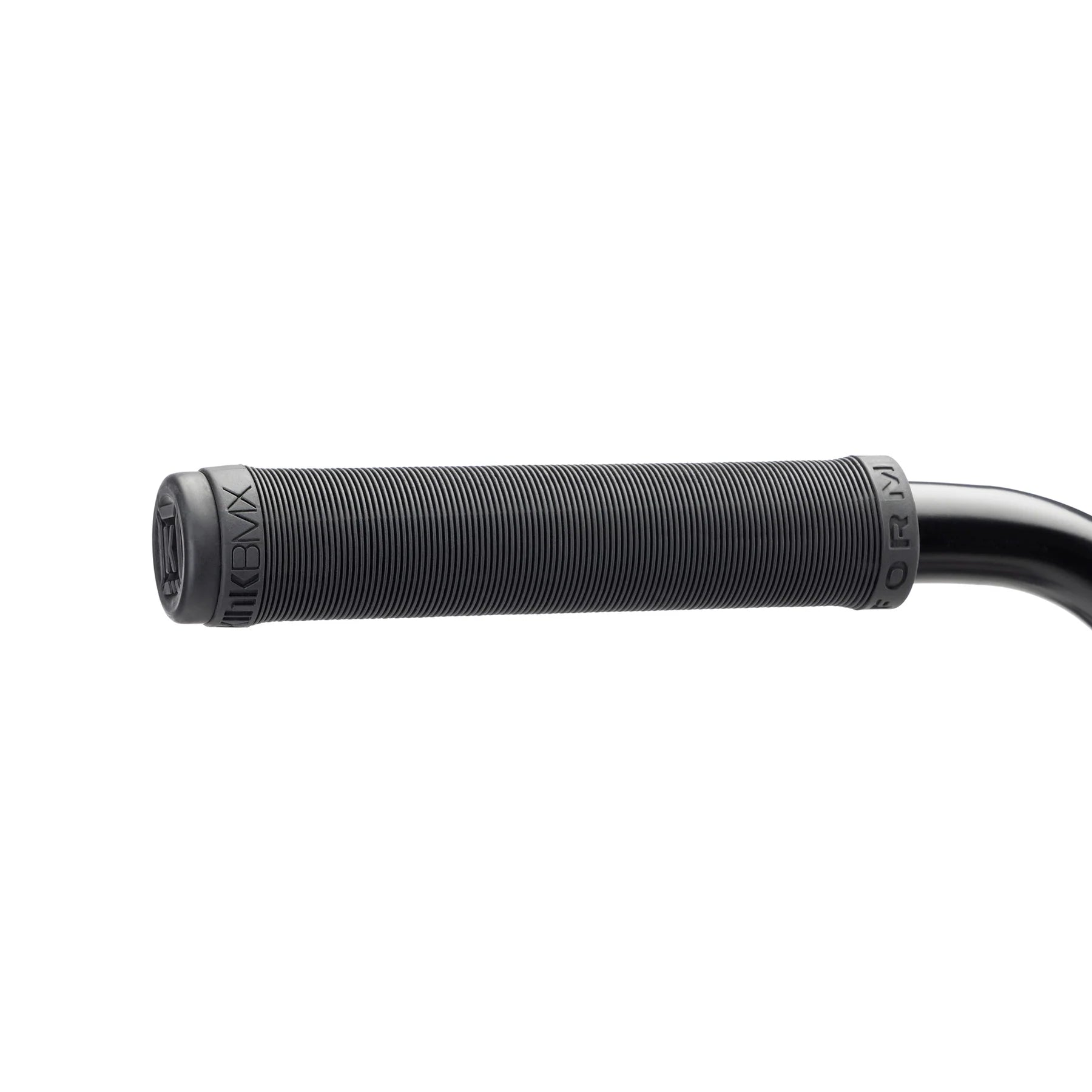 A close-up of a black BMX handlebar grip featuring a ribbed texture and embossed text, seamlessly complementing the sturdy chromoly frame of the Kink Switch 20 Inch Bike.