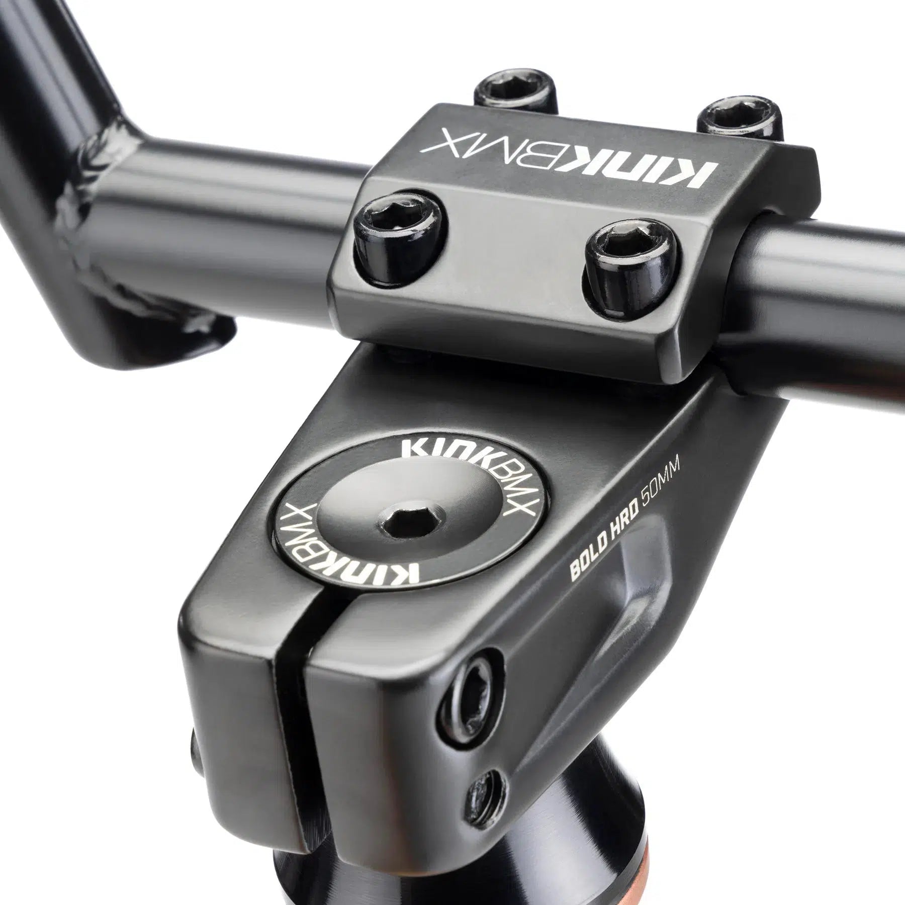 Close-up of the handlebar stem on the Kink Switch 20 Inch Bike, featuring "Kink BMX" branding and "BOLD HRD 50MM" text, securely bolted onto the robust chromoly frame.