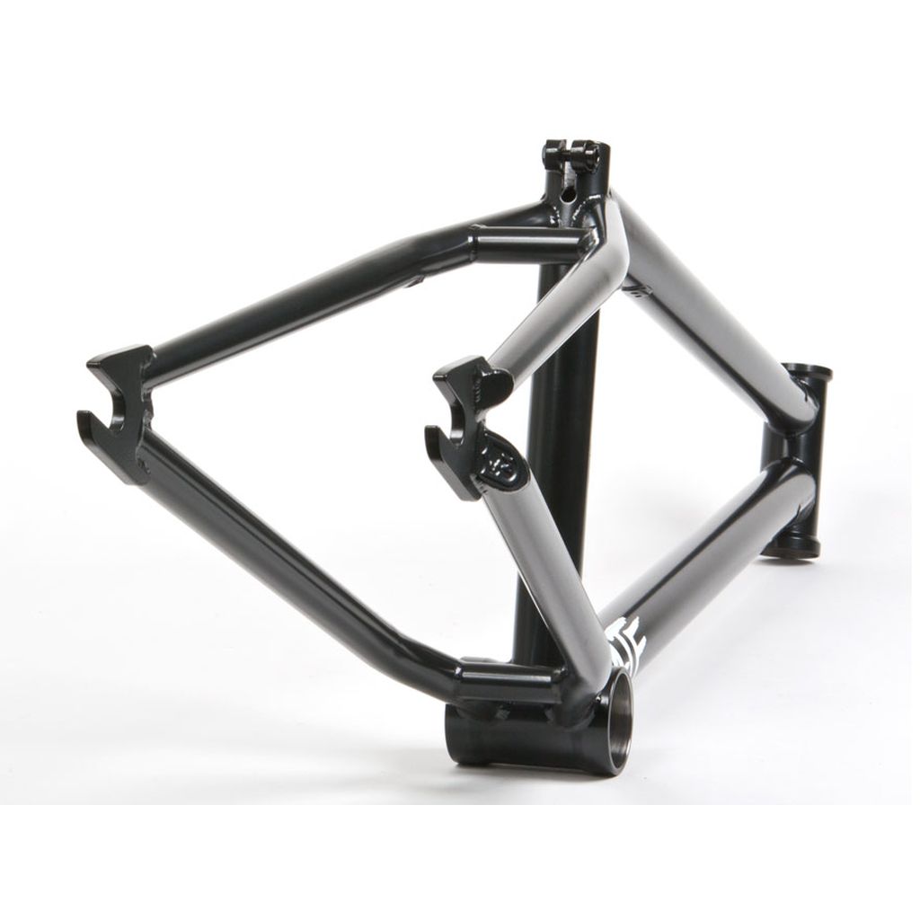 The S&M ATF 22 Inch Frame is showcased against a stark white background, highlighting its triangle-shaped structure that's perfect for fitting wheels and other components. Made in the USA, this black frame exemplifies quality manufacturing.