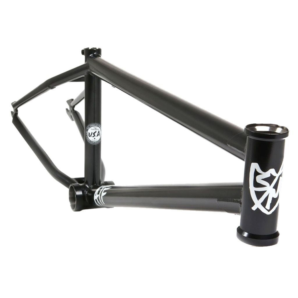 The S&M ATF 22 Inch Frame in black showcases a white emblem near the headtube and proudly displays a "USA Made" sticker on the downtube, highlighting its American manufacturing excellence.