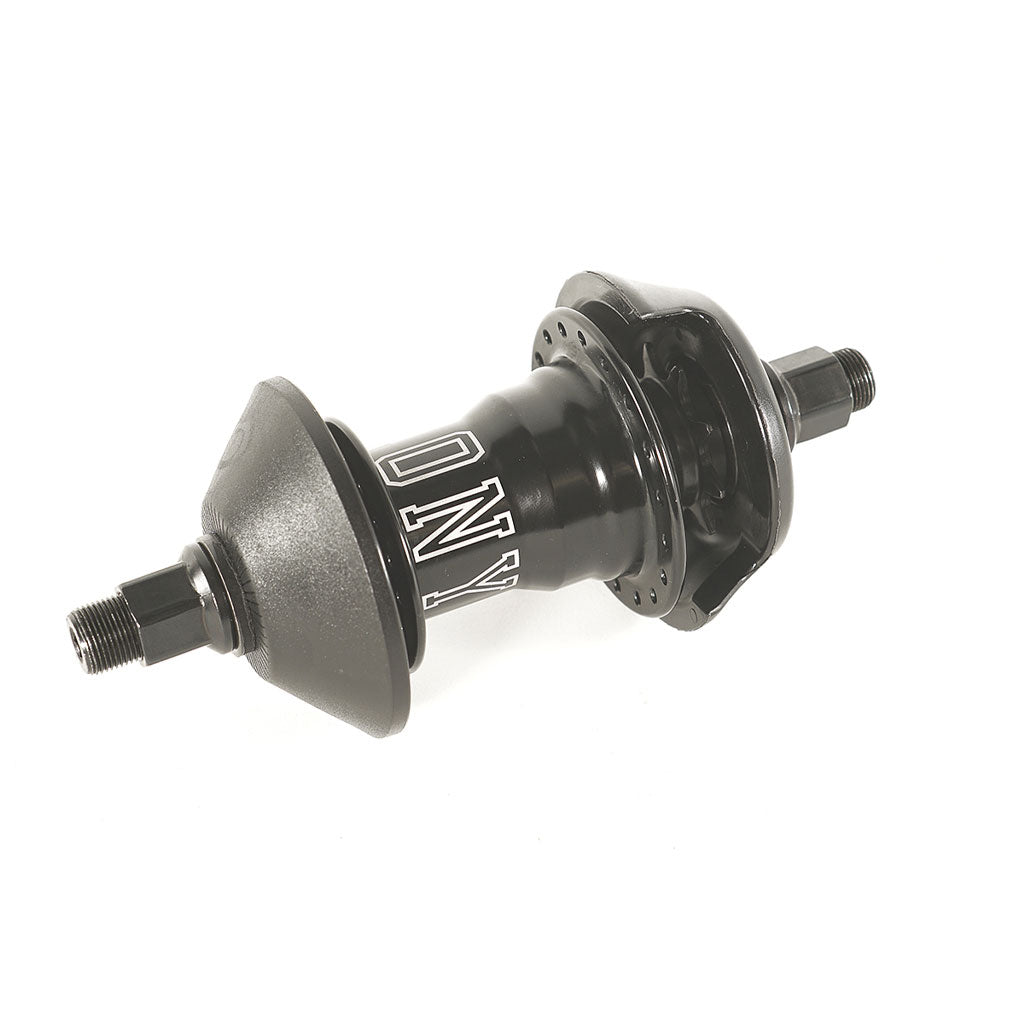 The Colony Clone Freecoaster Hub, in black, showcases visible bolts and bold branding on its central cylindrical section, making it a standout option for BMX enthusiasts in search of reliable freecoaster hubs.