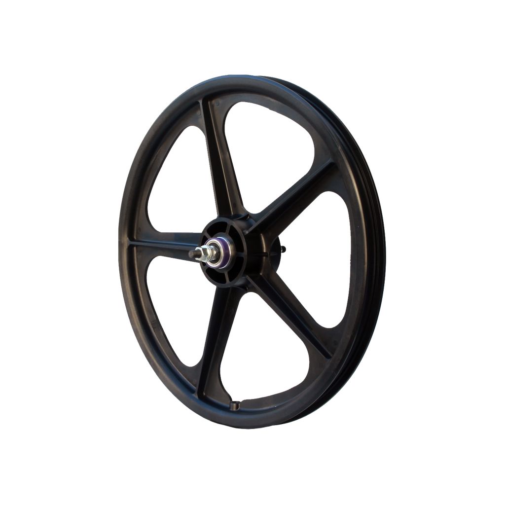 A Skyway Tuff II 5 Spoke Rear Wheel in black is displayed against a white background, highlighting its sleek design and retro appeal.