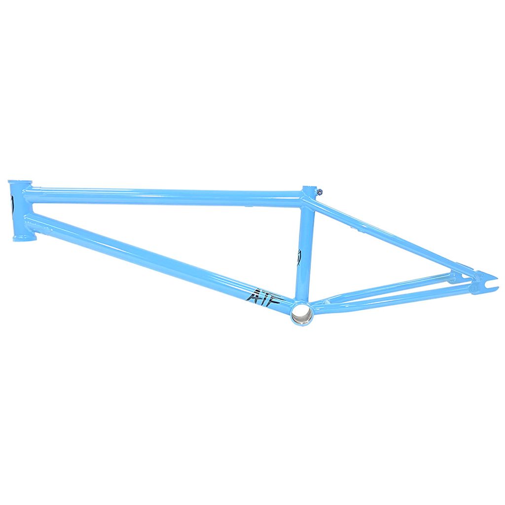 The S&M ATF 22 Inch Frame is a light blue bicycle frame featuring a minimalist design and renowned for its stability, with the letters "AF" printed near the bottom bracket. This BMX bike frame is proudly crafted with USA-made manufacturing.