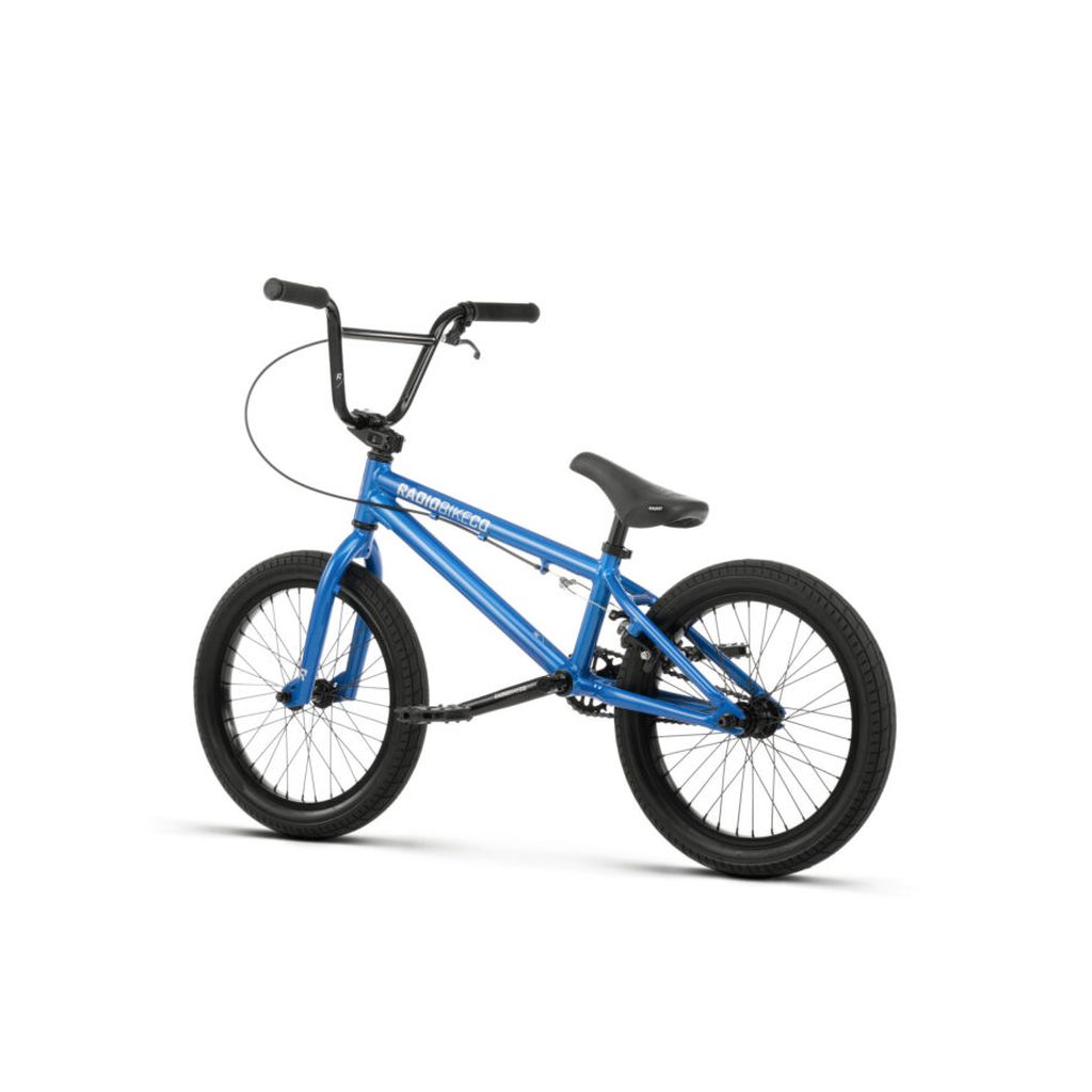 The Radio Dice 18 Inch Bike comes in a striking blue color, featuring black handlebars, Salt Tracer Tyres, and white text on the frame. It boasts a durable build with a compact design and is equipped with Radio Rookie Three Piece Cranks.