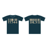 Two black Terrible One Barcode T-Shirts, each featuring unique designs. The left t-shirt displays "T344" and the right one features "18L3 1" beneath their sleek barcodes, perfect for making a stylish statement.