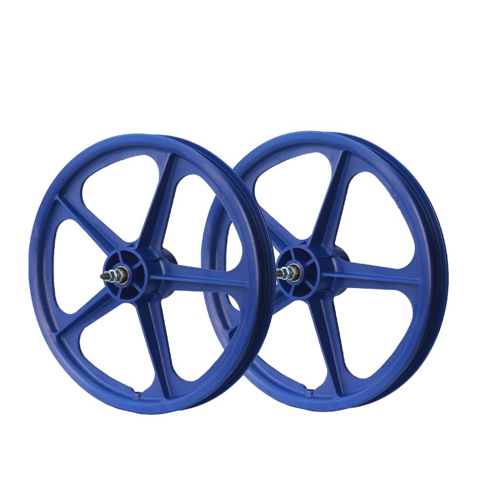 A pair of blue Skyway Tuff 5 Spoke 16 Inch Wheelset with sealed bearings for 16" bikes.