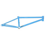 The S&M ATF 22 Inch Frame is a light blue bicycle frame with a simple geometric design, featuring main components like the head tube, top tube, down tube, and seat tube. This 22-inch wheel frame brings to mind the finesse of BMX bikes and is proudly USA-made.