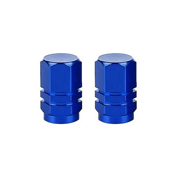 The Hexagon Valve Caps (Pair) in blue stand out against a white background.