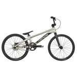 The 2025 Inspyre Evo-C Disc Expert Bike, with silver frame, black handlebars, and tires, stands out on a white background, capturing the essence of BMX racing.