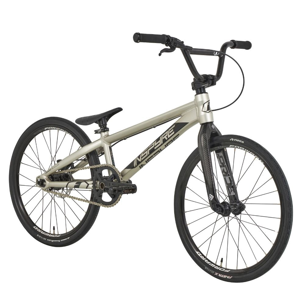 The Inspyre Evo-C Disc Expert Bike 2025, in silver and black, features a sleek frame, handlebars, and two wheels—ideal for BMX racing enthusiasts.