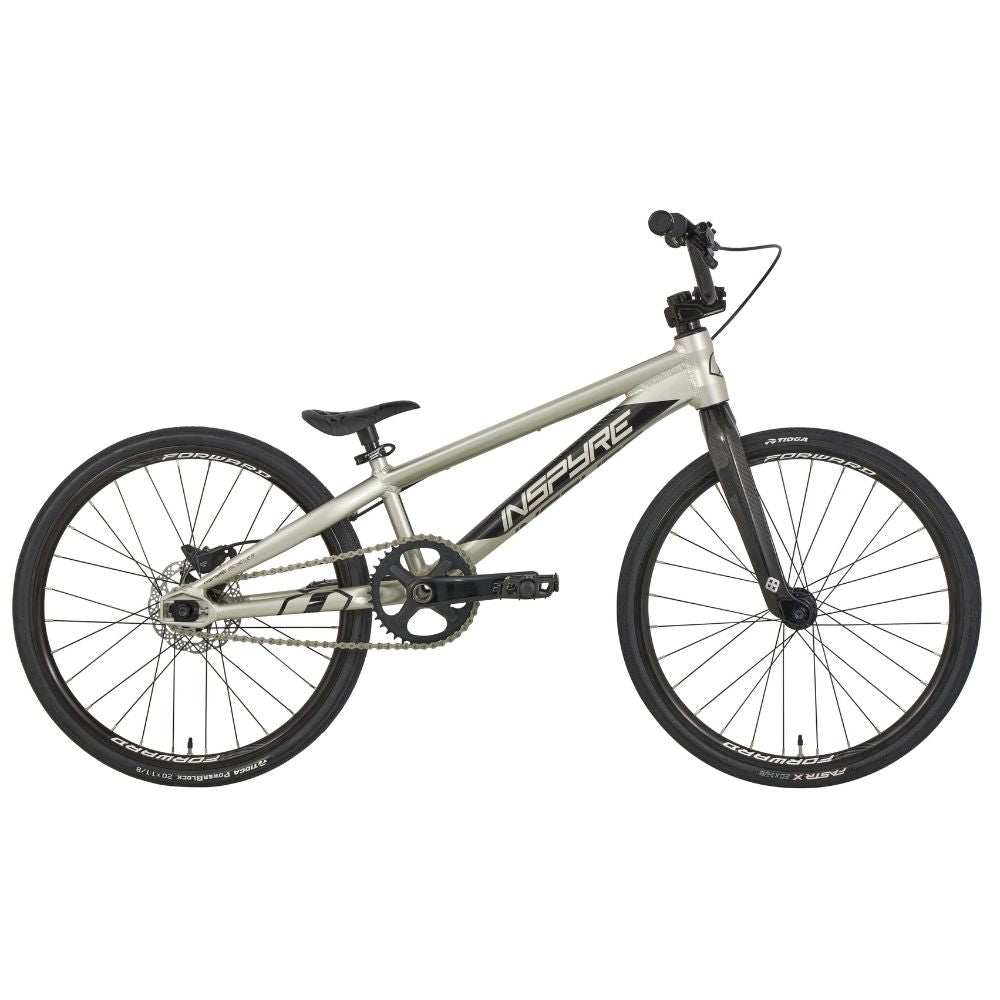 The Inspyre Evo-C Disc Junior Bike 2025, featuring black handlebars, a sleek black seat, and sturdy black tires, is showcased against a white background, embodying the spirit of BMX racing.