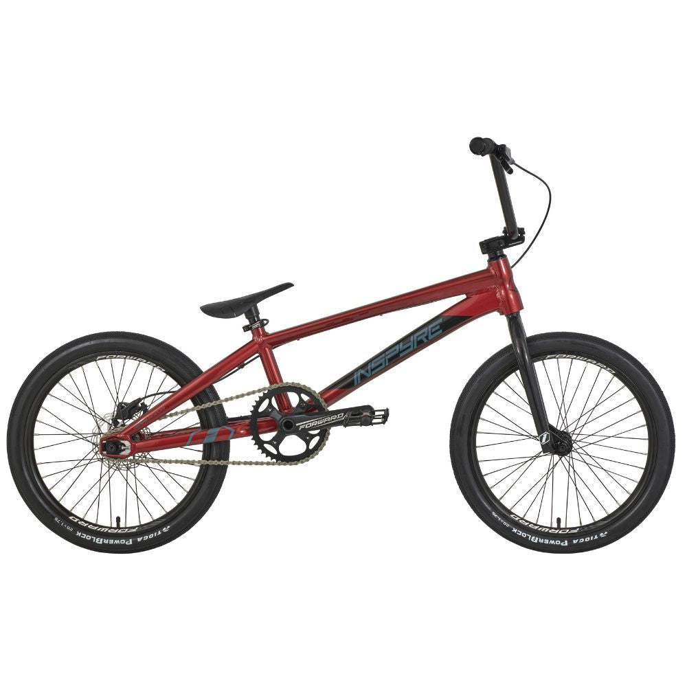 The Inspyre Evo Disc Pro L Bike 2025 is a red BMX-inspired bike featuring a black seat, handlebars, and black tires accented with white lettering on the frame. Designed for performance with its race geometry, this model reflects the signature style of Inspyre EVO bikes.