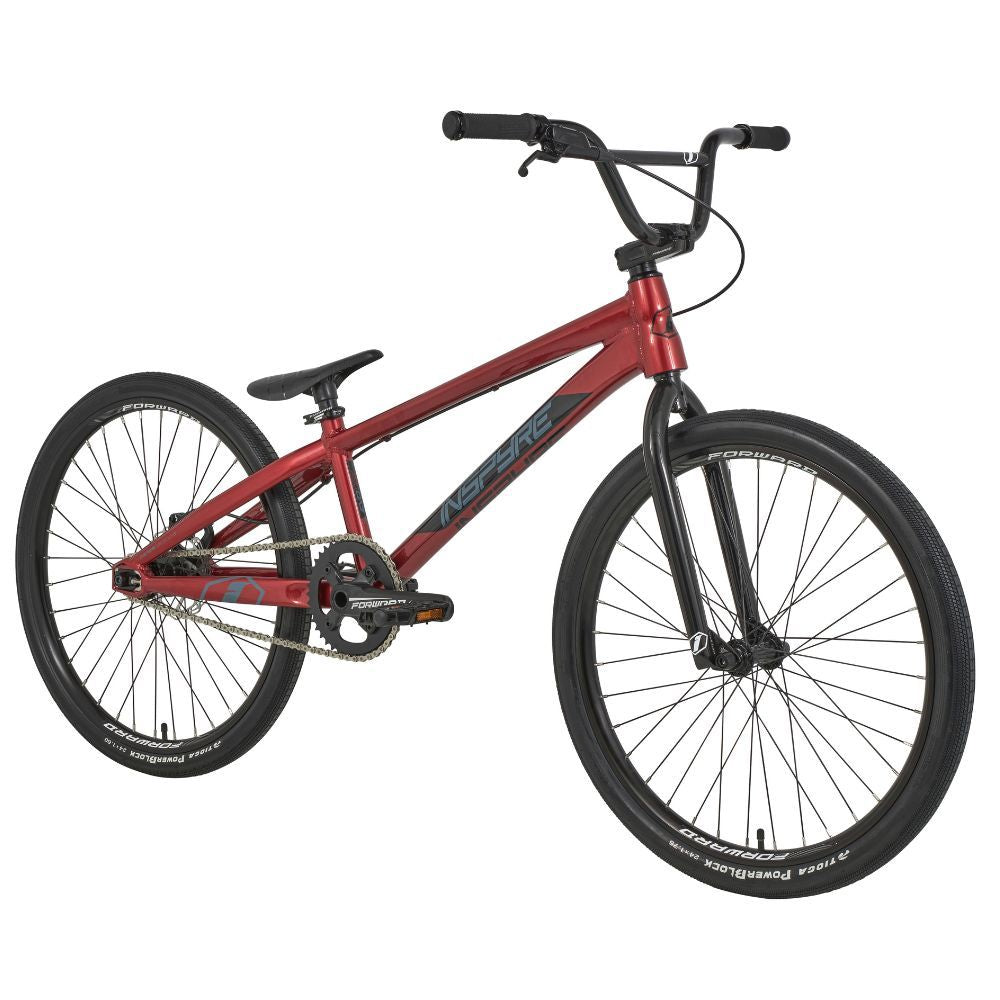 The Inspyre Evo Disc Pro Cruiser Bike 2025 boasts black handlebars and wheels, a central gear crank, and a small seat. Made from premium aluminium 6061-T6, it's ideal for BMX racing, set against a clean white backdrop.