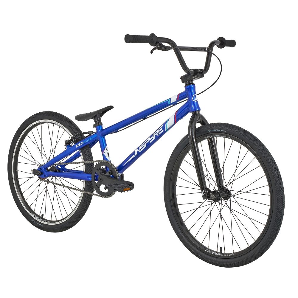 Inspyre Neo Pro Cruiser Bike featuring a sleek blue aluminum frame with black tires and handlebars, designed for optimal BMX racing performance and equipped with a single gear setup.