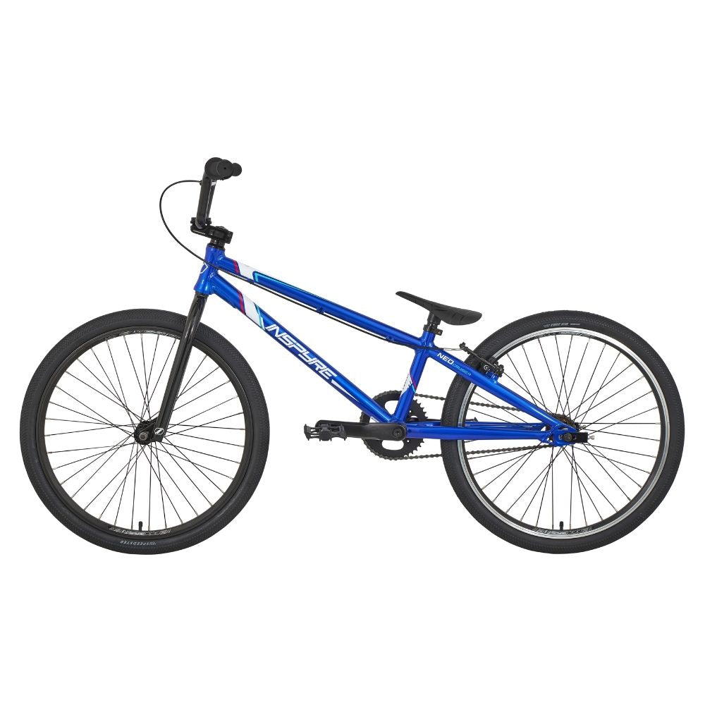 The Inspyre Neo Pro Cruiser Bike showcases a blue BMX race design with a durable aluminum frame, complemented by a sleek black seat, handlebars, and tires set against a white background.