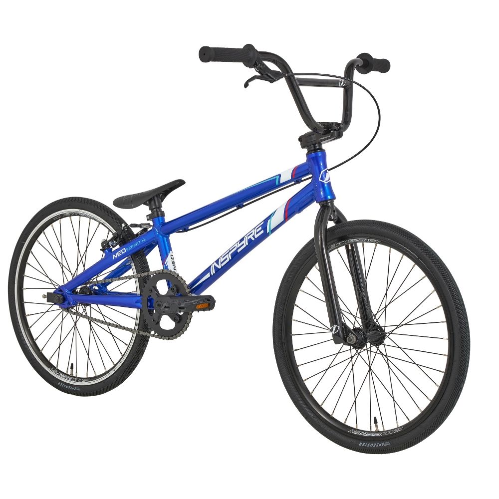 The Inspyre Neo Expert XL Bike is perfect for entry-level riders, featuring black handlebars, tires, and seat with stylish white and light blue accents on the frame.