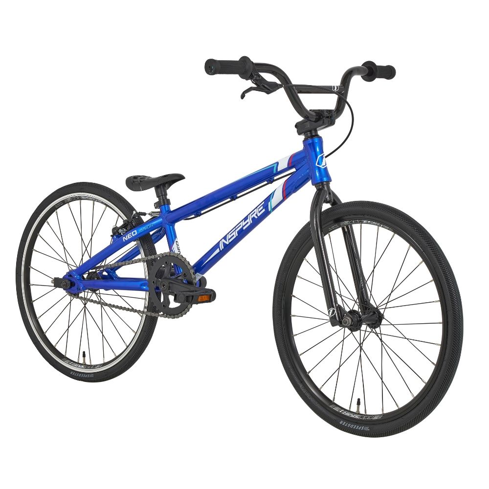 The Inspyre Neo Junior Bike is a blue, entry-level BMX race bike that features black handlebars and tires, along with white decals on its aluminum frame.