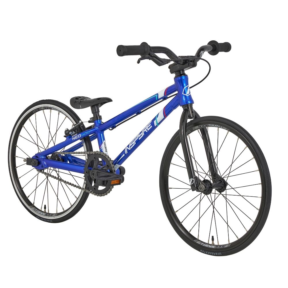 The Inspyre Neo Micro Bike is a blue BMX race bike equipped with black handlebars, two wheels, and a chain-driven pedal system. It features lightweight aluminum rims, making it perfect for entry-level riders.