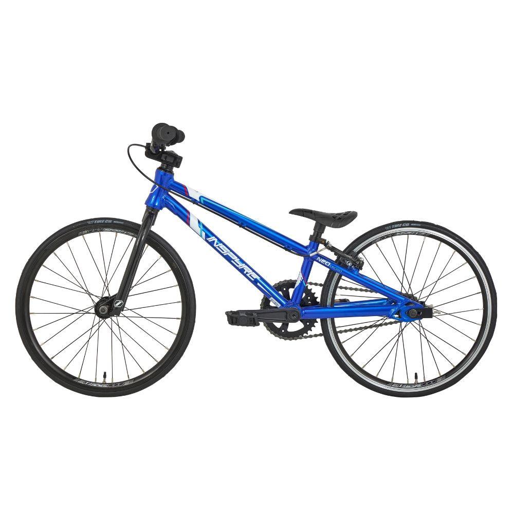 The Inspyre Neo Micro Bike is an entry-level BMX race bike that boasts a streamlined frame in blue, complemented by black tires. It features lightweight aluminum rims, a straightforward seat, and sturdy handlebars.