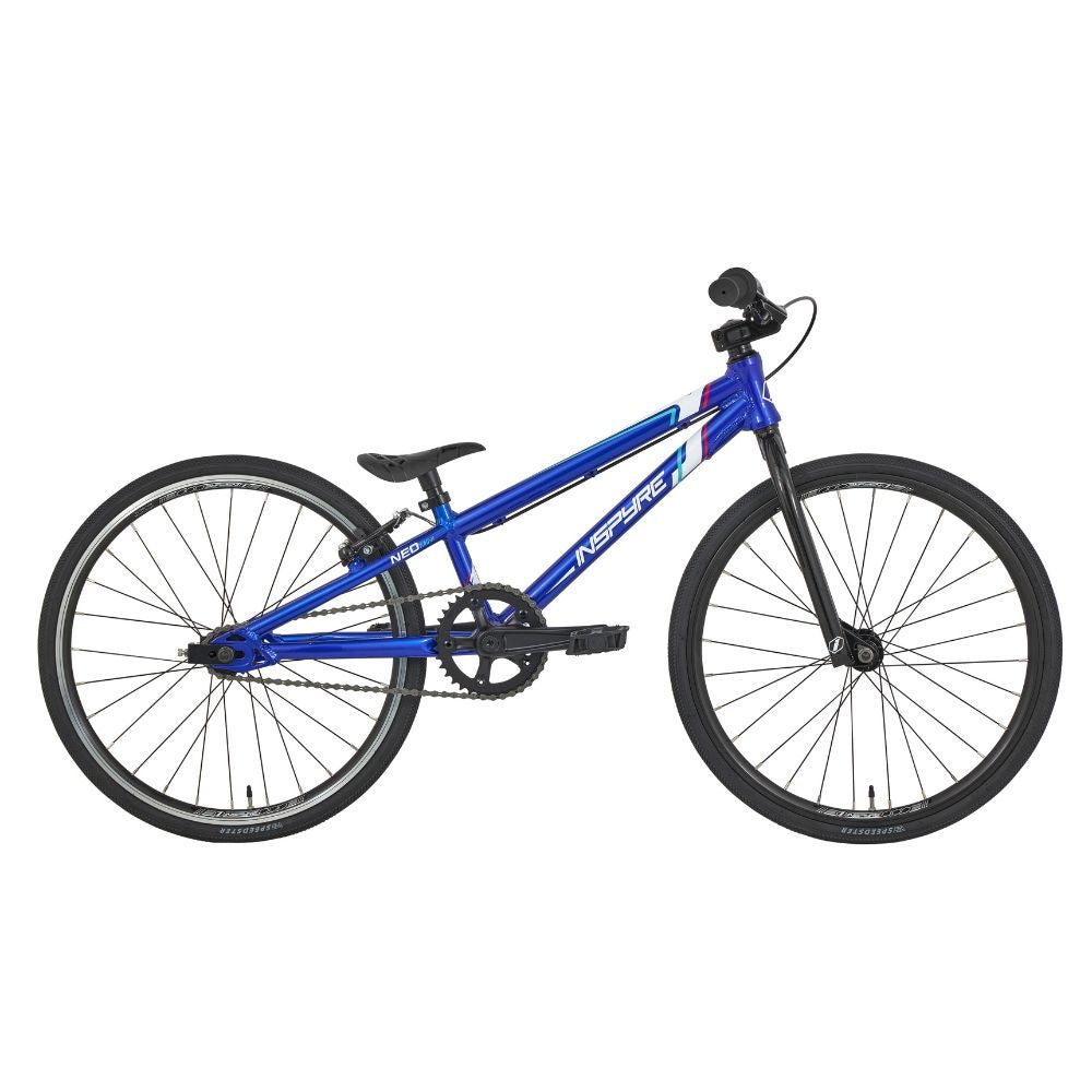 The Inspyre Neo Mini Bike, featuring a lightweight aluminum frame with a blue finish, comes equipped with black handlebars and wheels. Its single gear setup makes it ideal for entry-level riders seeking a BMX race bike.