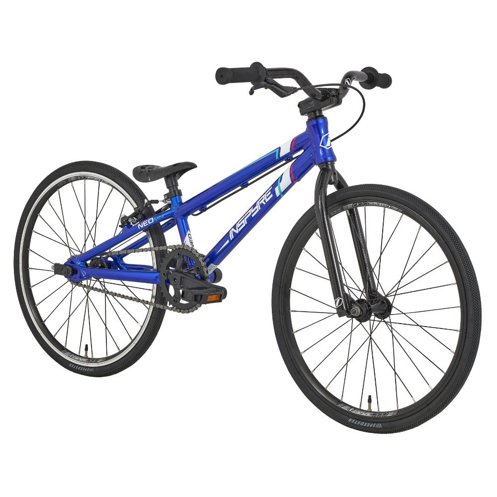 The Inspyre Neo Mini Bike is a blue BMX race bike with black tires and handlebars, featuring a "Neo" decal on its sleek aluminum frame, ideal for entry-level riders.