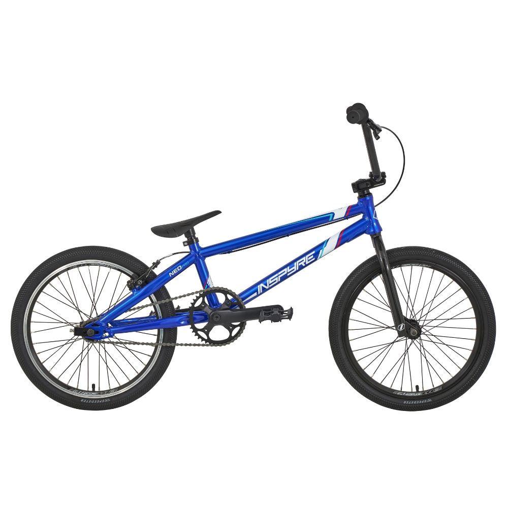 The Inspyre Neo Pro Bike is showcased against a white background, featuring a blue BMX race design with a black seat, handlebars, and tires. Its entry-level aluminum frame provides durability and style for new riders.