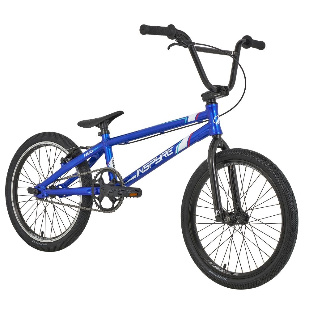 The Inspyre Neo Pro Bike, a blue BMX race bike with black tires and an entry-level connected aluminium frame, handlebars, and seat, is positioned against a plain white background.