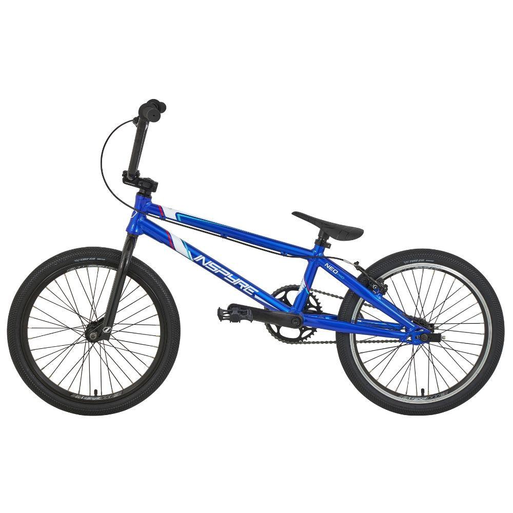 The Inspyre Neo Pro Bike is a blue, entry-level BMX race bike showcasing an aluminum frame, complemented by a black seat and black tires, all set against a white background.