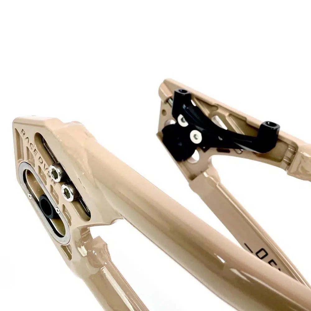 Close-up of a beige bicycle frame crafted from 6061 alloy tubing, showcasing the rear dropout and mounting points for the disc brake caliper. Staystrong V5 Disc Pro XXL Frame.