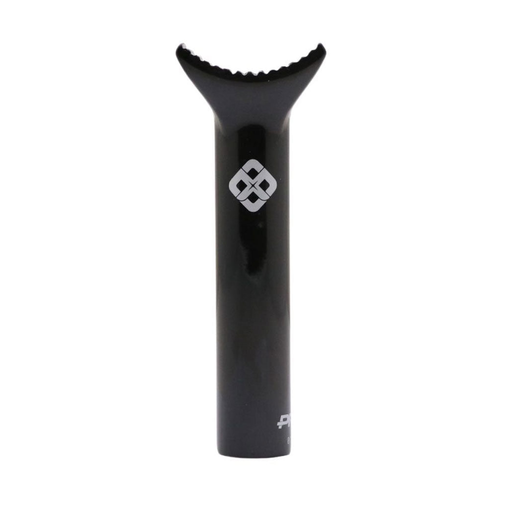 The PRIDE Spline CF Seatpost, a black BMX pivotal seat post with the Pride Racing logo, is a sleek and stylish upgrade for BMX racing enthusiasts, seamlessly combining performance and design.