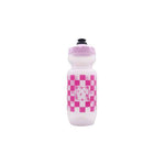 The Challenger "Loafers Purist" water bottle boasts a pink and white checkered design, a sleek black nozzle, and matching pink cap. Stylish and perfect for on-the-go hydration, it stands out among other bottles.