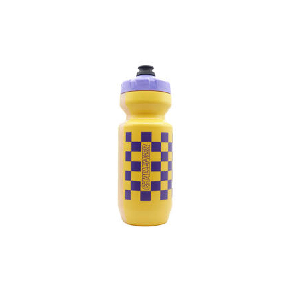 Challenger "Loafers Purist" water bottle in yellow with a purple checkered design and matching purple lid.