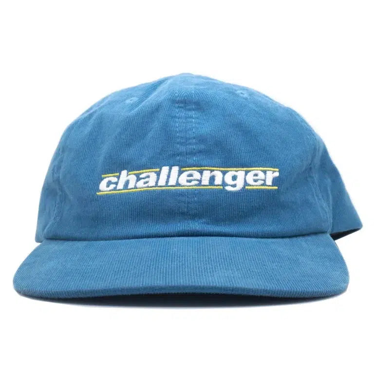 Limited quantities of the Challenger Corduroy Hat, featuring "Challenger" elegantly embroidered on its front in blue, embody the adventurous spirit of a BMX Challenger.