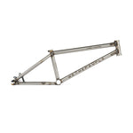 A metallic bicycle frame is seen against a white background. The frame features the brand name "Wethepeople" and model name "Chaos Machine 22 Frame (Tyson Jones-Peni Signature)" printed on the main tube. Designed for precision, this 22 inch wheel frame boasts trail geometry, making it perfect for rugged terrain.