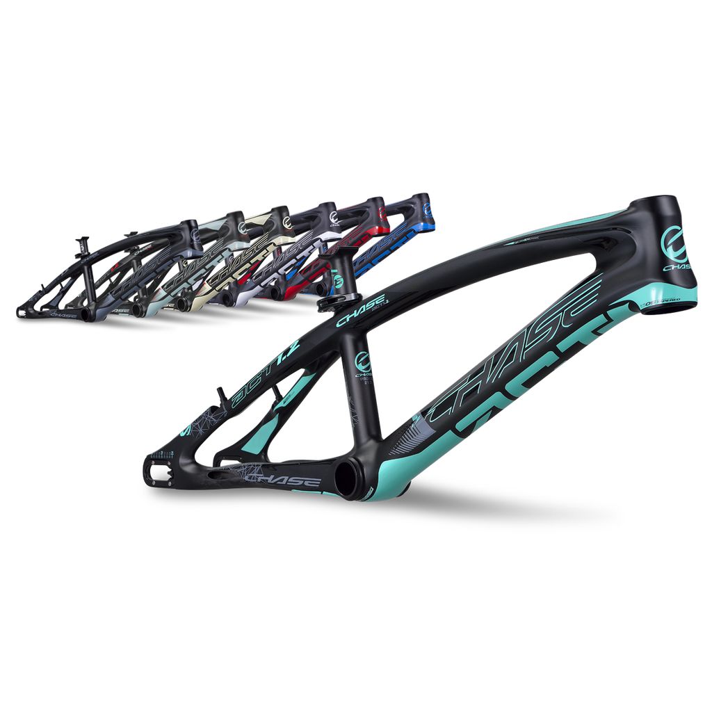 Discover our lineup of BMX racing frames in various colors, including teal, black, red, blue, and silver. Each "Chase" branded Chase ACT 1.2 Carbon BMX Race Frame Pro XXL+ features a cutting-edge carbon monocoque frame designed for competitive performance.